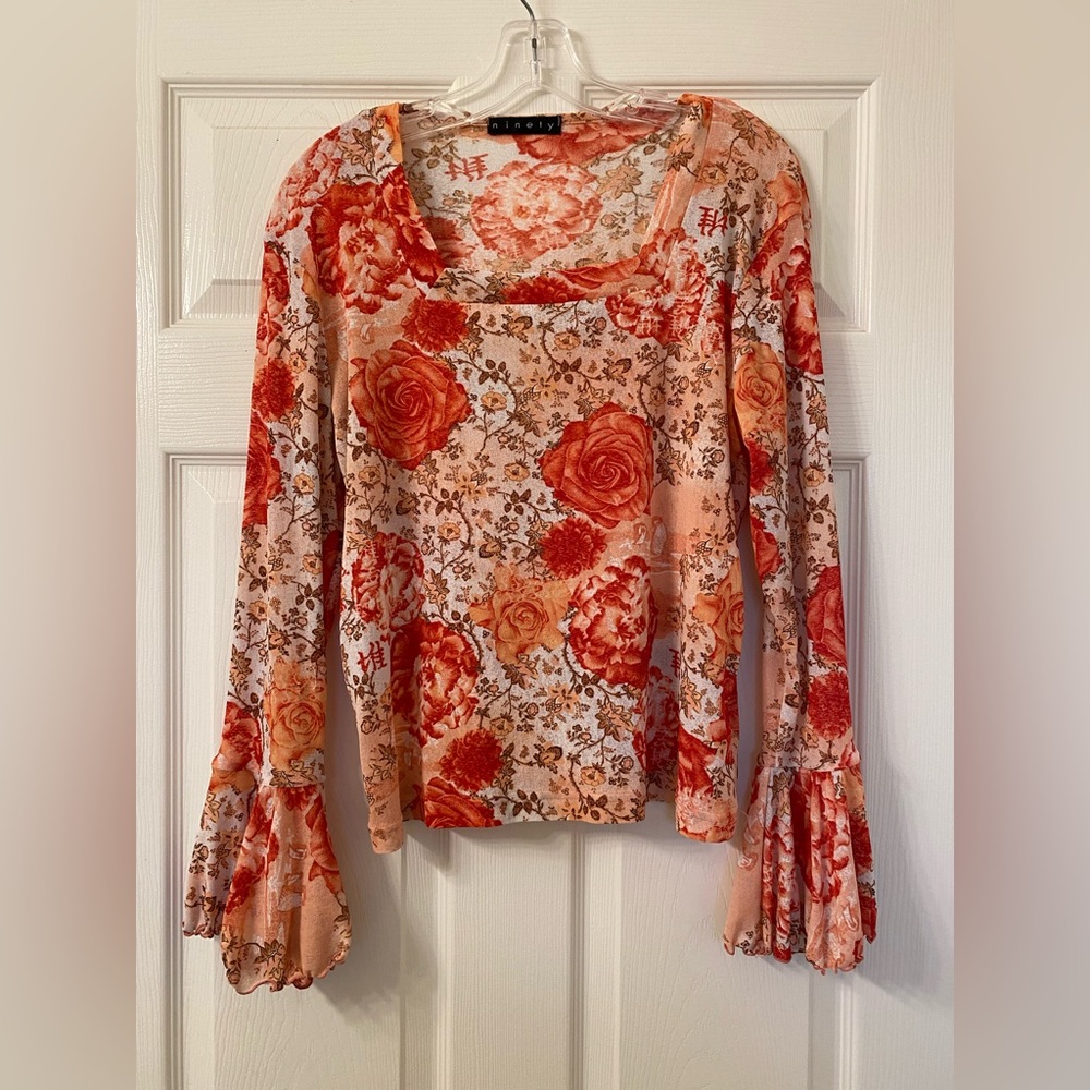 Square Neck Bell Sleeve Lettuce Hem Y2K Mesh Pink Floral Top Phoebe Buffay-Sz L